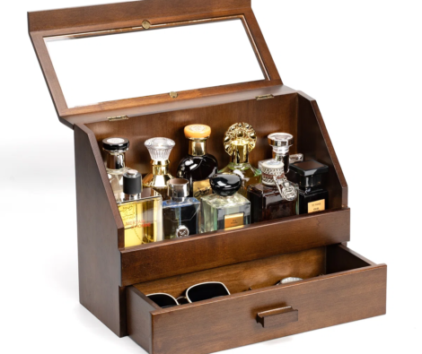 Cologne+Organizer.+Wood+Perfume+Organizer+Storage+With+Drawer+&+Acrylic+Panel