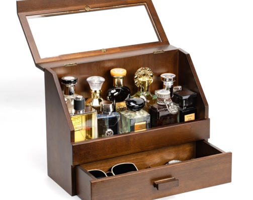 Cologne+Organizer.+Wood+Perfume+Organizer+Storage+With+Drawer+&+Acrylic+Panel