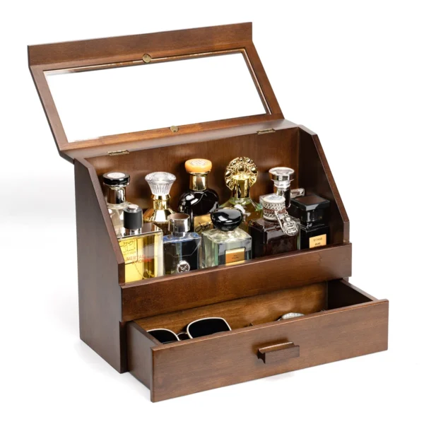 Cologne Organizer. Wood Perfume Organizer Storage With Drawer & Acrylic Panel