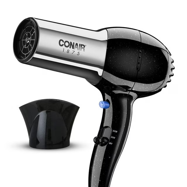 57_14b44317-ab02-4eb4-9f86-3af42812e4e7 Conair 1875 Watt Full Size Pro Hair Dryer Ionic Conditioning Black Chrome Beauty - Image 1