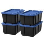 IRIS 27gal Stackable Storage Totes with Lids Black Blue 4pk